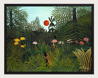 Henri Rousseau Virgin Forest with Sunset Fine Art Print, Tropical Jungle Poster, Vintage Botanical Painting, Colorful Green Wall Decor HR05B