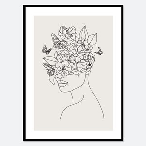 Single Line Woman Head of Flowers Line Art Print | One Line Drawing Face Art, Minimalist Art, Continuous Line Drawing, Botanical Art #LA23