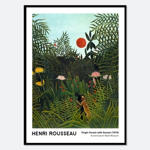 Henri Rousseau Jungfräulicher Wald mit Sonnenuntergang 1910 Vintage Ausstellungsplakat-Kunstdruck | Rousseau Print, Vintage Poster, Rousseau Bild #HR05