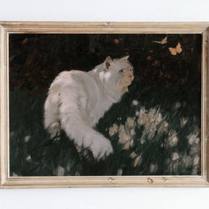 European Vintage Cat and Butterflies Animal Portrait Neutral Painting Wall Art Print, Rustic Nursery Farmhouse Antique Nature Poster VP71