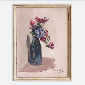 Impresión artística de pared con un ramo de flores vintage en un jarrón, bodegón, pintura floral rústica neutra colorida, póster de estilo rústico antiguo VP365