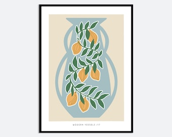 Abstract Blue Vase Orange Flowers Wall Art Print | Contemporary Floral Illustration, Modern Aesthetic Poster, Colorful Botanical Art FM160