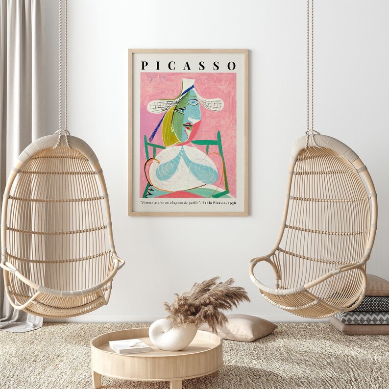 Pablo Picasso Femme Assise au Chapeau de Paille (Marie-Thérèse) Pink Abstract Cubism Painting Vintage Poster Wall Art Print | Seated Woman in Straw Hat, Girl Portrait, SugarnCanvas Printed Shipped Mailed Fine Art Print