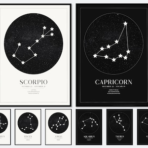 Sternzeichen Wand Kunst Druck, Sternzeichen Poster, Horoskop Astrologie personalisierte Sternenkarte zum Geburtstag, Widder Stier Zwillinge Krebs Löwe Jungfrau Waage