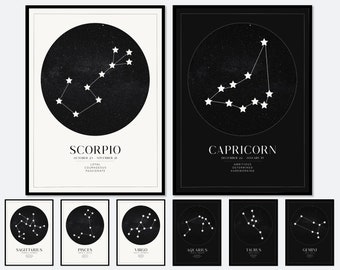May include: Set of 8 black and white minimalist constellation prints with the zodiac signs: Scorpio, Capricorn, Sagittarius, Pisces, Virgo, Aquarius, Taurus, and Gemini. Each print features a white constellation on a black background with the zodiac sign name and traits listed below.