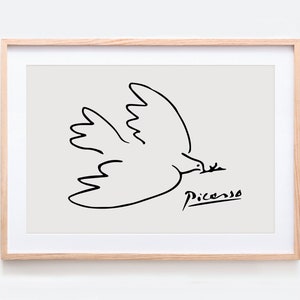 May include: A black and white line drawing of a dove with an olive branch in its beak. The drawing is signed "Picasso" in the bottom right corner.
