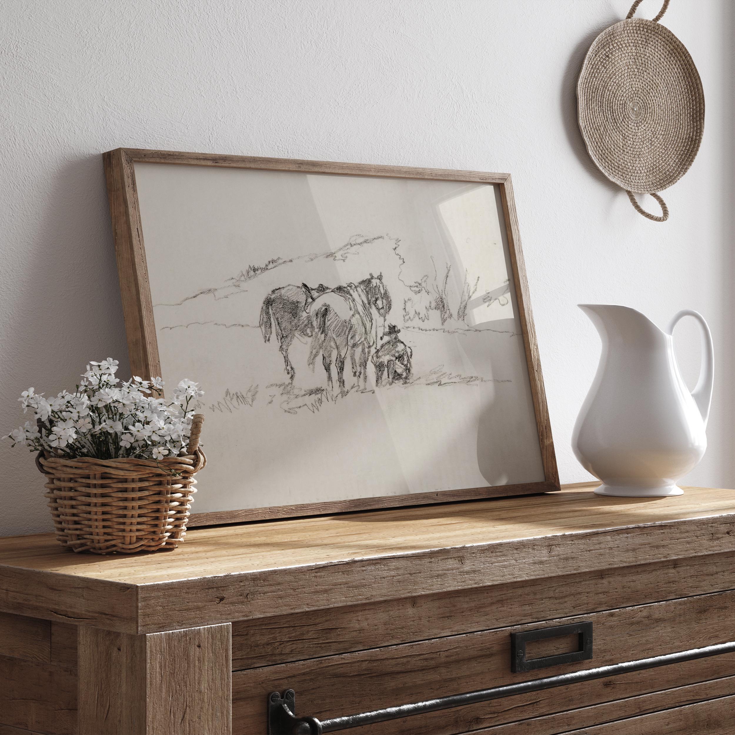 Rustic Horse Design Vintage European Rustic Horses in Nature Pencil Sketch Drawing Wall Art ...