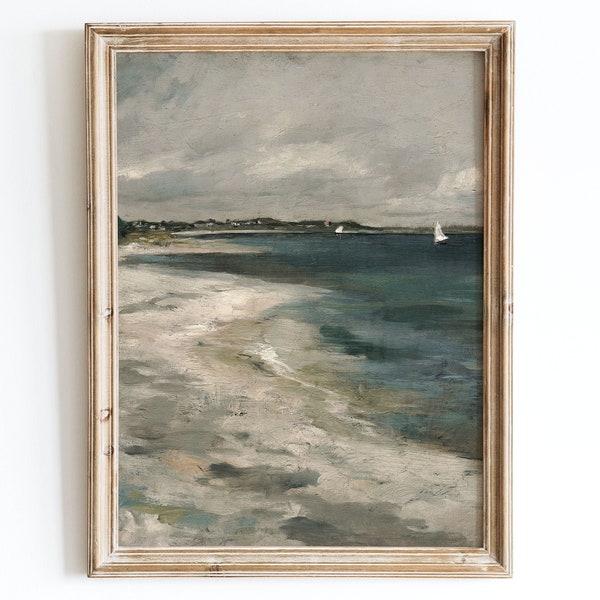 Vintage European Rustic Neutral Coastal Ocean Muted Beach Oil Painting, Landscape Seascape Poster, Mute Antique Moody Farmhouse Print VP54