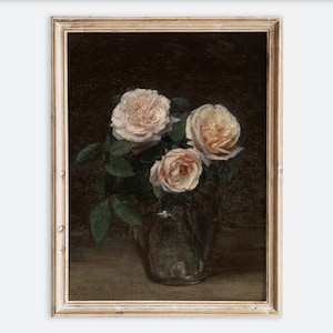 Impresión artística de pared con naturaleza muerta, flores rosas vintage europeas en jarrón transparente, pintura floral rústica oscura, póster de granja antigua con un toque de melancolía VP275