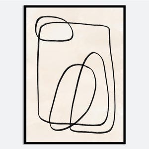 May include: Abstract art print featuring black line drawings of overlapping circles and squares on a cream background.