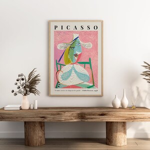Pablo Picasso Femme Assise au Chapeau de Paille (Marie-Thérèse) Pink Abstract Cubism Painting Vintage Poster Wall Art Print | Seated Woman in Straw Hat, Girl Portrait, SugarnCanvas Printed Shipped Mailed Fine Art Print