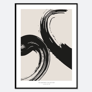 May include: Abstract art print featuring black brushstrokes on a beige background. The text "THE ABSTRACT COLLECTION" and "Lines No. 08" is at the bottom of the print.
