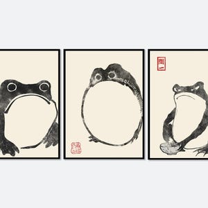 Japanese Frog Matsumoto Hoji Toad Set of 3 Woodblock Art Print | Japanese Art, Japanese Poster, Matsumoto Hoji 松本奉時 Frog Exhibition Poster