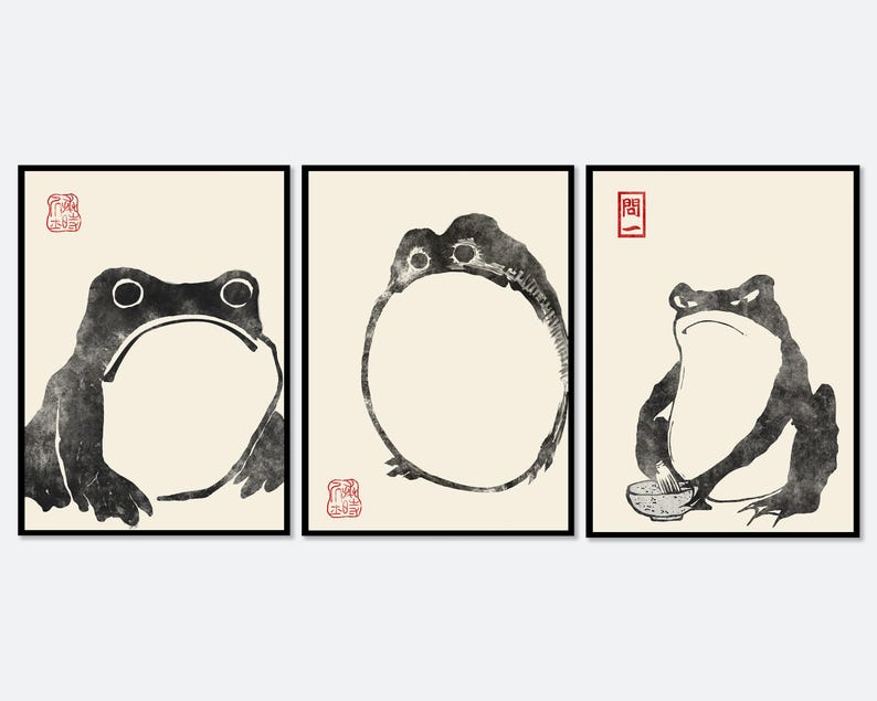 Japanese Frog Matsumoto Hoji Toad Set of 3 Woodblock Art Print | Japanese Art, Japanese Poster, Matsumoto Hoji 松本奉時 Frog Exhibition Poster