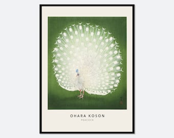 Ohara Koson Green Peacock, affiche japonaise de gravure sur bois vintage, impression d'art mural | , art mural japonais rétro, décoration animalière asiatique antique #JP39