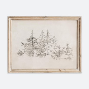 Impresión artística de pared con dibujo de bosque de abetos navideños rústicos europeos vintage, póster de arte lineal, paisaje antiguo de tono neutro y melancólico VP171