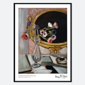 Henri Matisse Anémones Au Miroir Noir Pintura Arte Impresión, Matisse Vintage Museo Exposición Cartel, Colorido Florero Retro Arte de pared M148