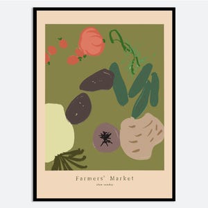 Könnte beinhalten: Ein gerahmter Kunstdruck mit einer abstrakten Illustration von Gemüse. Das Kunstwerk zeigt Tomaten, Auberginen und andere Produkte in Rot, Grün und Braun vor einem grünen Hintergrund. Der Text "Farmers' Market" befindet sich unten.