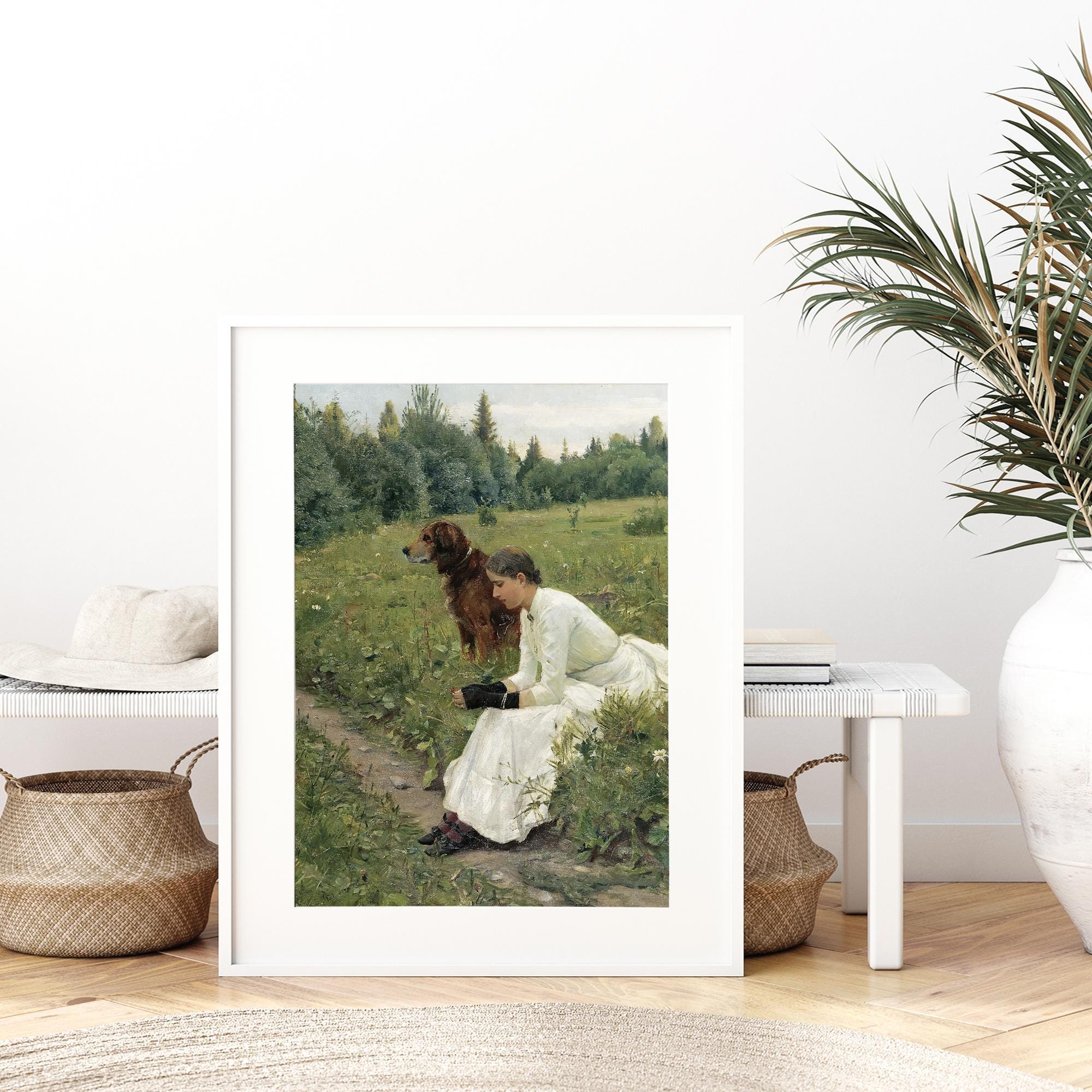 Vintage Rustic Girl With Her Dog Portrait Painting Wall Art Print ...