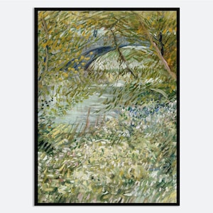 Puede incluir: Una pintura de un puente sobre un río, con exuberantes árboles verdes y follaje en primer plano. El agua es de un color azul verdoso claro, y los árboles son una mezcla de verde y amarillo.