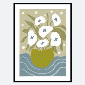 Impresión artística de pared con flores blancas en jarrón verde / Bodegón floral abstracto dibujado a mano, póster botánico estético moderno contemporáneo MA99