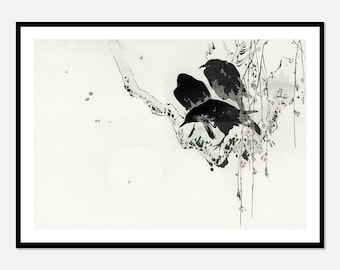 Crows on Branch Watanabe Seitei Vintage Japanese Woodblock Poster Birds Wall Art Print | 渡辺省亭, Retro Japanese Asian Art Animal Decor #JP47