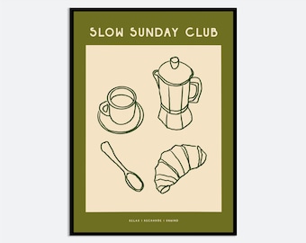 Coffee and Croissant Breakfast Wall Art Print | Hand Drawn Kitchen Illustration, Minimalist Modern Line Art Poster, Cozy Morning Decor MA110