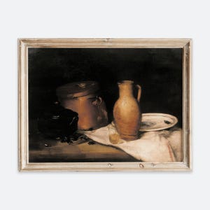 Nature morte en céramique vintage représentant des pots et des assiettes de ferme, affiche murale pour la cuisine, style rustique et sombre, peinture à l'huile, poster antique aux tons neutres VP149