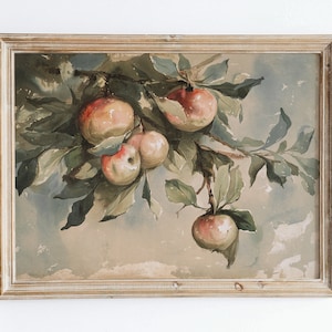 European Vintage Apple Tree Still Life Wall Art Print, Rustic Moody Oil Painting, Fruits Poster, Antique Country Farmhouse Kitchen VP56