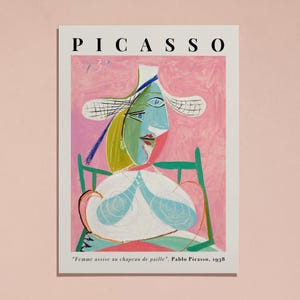 Pablo Picasso Femme Assise au Chapeau de Paille (Marie-Thérèse) Pink Abstract Cubism Painting Vintage Poster Wall Art Print | Seated Woman in Straw Hat, Girl Portrait, SugarnCanvas Printed Shipped Mailed Fine Art Print