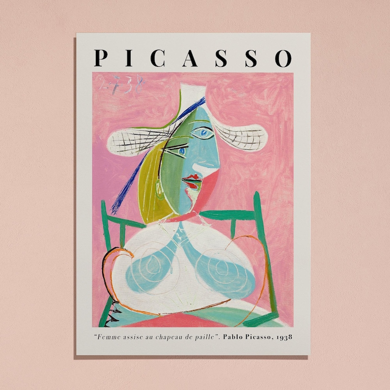 Pablo Picasso Femme Assise au Chapeau de Paille (Marie-Thérèse) Pink Abstract Cubism Painting Vintage Poster Wall Art Print | Seated Woman in Straw Hat, Girl Portrait, SugarnCanvas Printed Shipped Mailed Fine Art Print