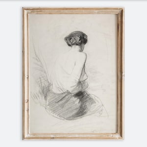 Europäische Vintage rustikale sitzende Frau Porträt Bleistift Zeichnung Wand Kunst Druck, antike Frau Linie Kunst Poster, schwermütige dunkle Bauernhausdekor VP175