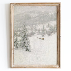 Antique Winter Landscape Poster, Snowy Christmas Farmhouse Wall Art, European Vintage Art Print, Rustic Vintage Muted Oil Painting VP17