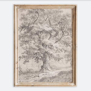 Impresión artística de pared con dibujo a lápiz de roble rústico neutro europeo vintage, póster de línea de árboles, decoración de paisaje antiguo con un toque neutro y melancólico VP75