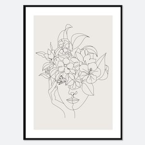 Impression botanique d'art floral à une ligne de femme | Dessin de portrait de jeune fille en sourdine, affiche florale minimaliste en ligne continue # LA15