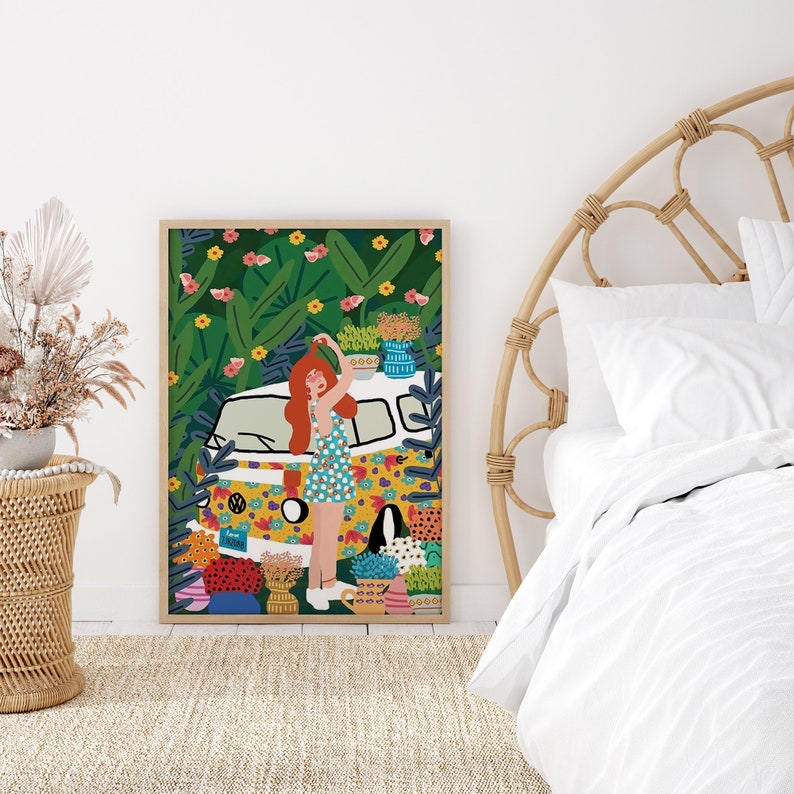 Canvas Print Modern Poster #S229 Boho Wall Decor Boho Modern Eclectic Girl Plants Flowers Art Print Colorful Fashion Art Print
