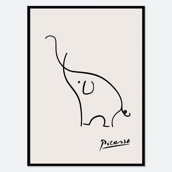 Impression d'art de dessin au trait de croquis d'éléphant de Pablo Picasso | Esquisse l'éléphant, affiche vintage d'exposition de musée, sérigraphie animalière #PP39