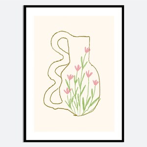 Impresión artística de pared con jarrón curvo y flores rosas / Ilustración botánica primaveral dibujada a mano, póster floral minimalista de estética moderna MA127
