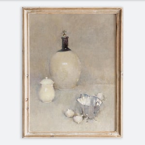 ヴィンテージ風農家陶器の静物画キッチン壁掛けアートプリント、素朴なベージュのムーディーな油絵、アンティーク調のニュートラルポスター VP147