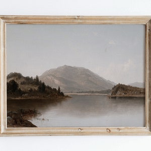 Rustikales Vintage Herbst Bergsee Landschaft Ölgemälde Wand Kunst Druck, Neutrales Poster, Bauernhaus Antik Moody Fluss Kunst VP83