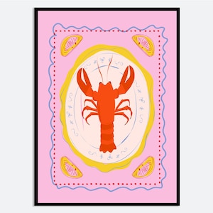 Lobster Plate Wall Art Print | Hand Drawn Contemporary Seafood Illustration, Modern Aesthetic Coastal Kitchen Poster, Pink Nautical MA188