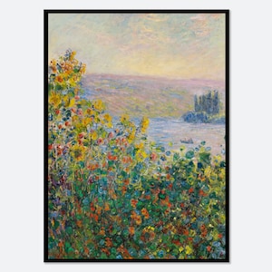 Claude Monet Blumenbeete bei Vétheuil Vintage Poster Wand Kunst | Blumen Blick auf das Meer, bunte Frühlingsblumen, Ölgemälde #N72B