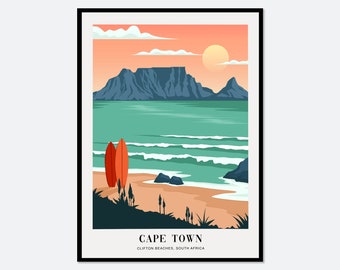 Clifton Beaches Cape Town South Africa Colorful Boho Art Print | Landscape Illustration, Coastal Beach Print, Tropical Travel Poster #TA15