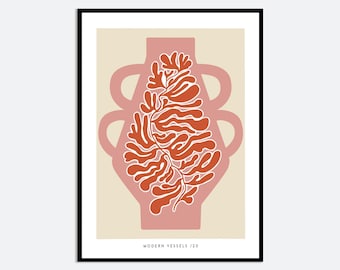 Abstract Pink Vase Orange Flowers Wall Art Print | Contemporary Floral Illustration, Modern Aesthetic Poster, Colorful Botanical Art FM163