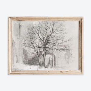 Vintage europäischer rustikaler Winterbaum-Bleistiftskizzen-Kunstdruck, Baumlinien-Kunstplakat, antikes launisches neutrales Landschaftsdekor VP214