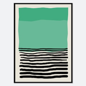May include: Abstract art print with a green and black color scheme. The print features a large green rectangle with a series of black horizontal lines below it.