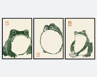 Japanse kikker Matsumoto Hoji Toad Set van 3 Woodblock Art Print | Japanse kunst, Japanse poster, Matsumoto Hoji 松本奉時 Kikker tentoonstelling poster