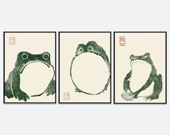 Conjunto de 3 impresiones artísticas en xilografía de la rana japonesa Matsumoto Hoji Toad / Arte japonés, póster japonés, póster de la exposición de la rana Matsumoto Hoji 松本奉時