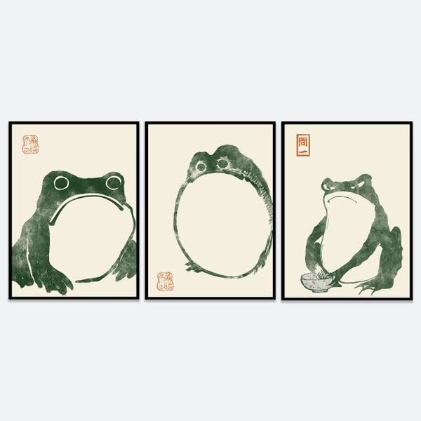 Japanese Frog Matsumoto Hoji Toad Set of 3 Woodblock Art Print | Japanese Art, Japanese Poster, Matsumoto Hoji 松本奉時 Frog Exhibition Poster