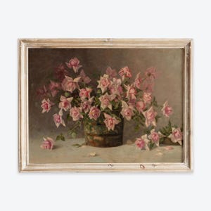 Impresión artística de pared con bodegón de flores de rosas rosadas en jarrón vintage europeo, pintura floral rústica oscura, póster de granja antigua de estilo melancólico VP278